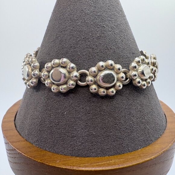 Sterling Silver 925 Beaded Puffed Flower Design Chain Bracelet Size 7" Length - Picture 2 of 10